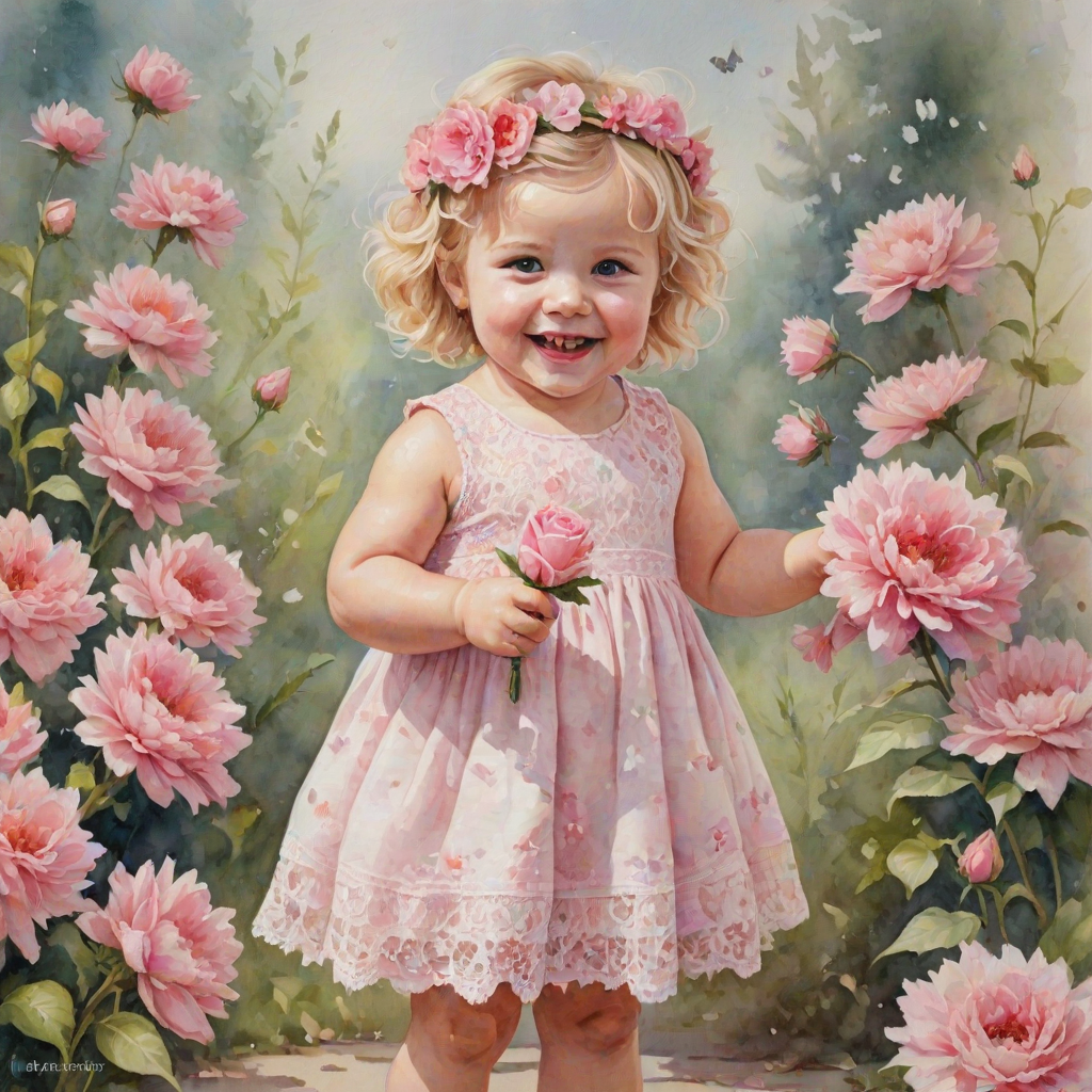 hyperrealism happy smiling toddler girl with messy wavy blonde hair with a headband, she is wearing a pink and white lace dress with pink and white shoes, she is holding a pink bouquet of flowers. Pink flowers and butterflies. summer background. Watercolor Highly detailed