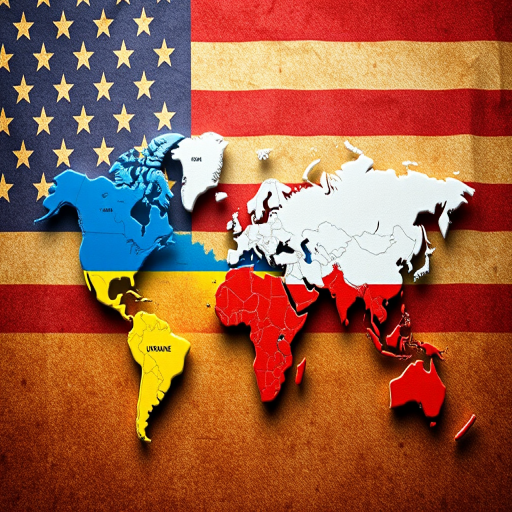 Create a high-resolution image of a world map featuring puzzle pieces in blue and yellow representing Ukraine and red and white representing Russia, with a textured background of the American flag, captured with a DSLR camera at 50mm lens, f/8 aperture, ISO 100, and soft natural lighting.