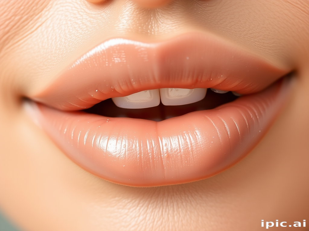 Pearlescent nude lips radiate subtle luminosity in the "Moonlit Sands" style, showcasing a neutral beige base with a delicate, opalescent sheen that adds dimension and light-reflecting properties, creating a sophisticated and versatile lip look that enhances natural beauty for any occasion