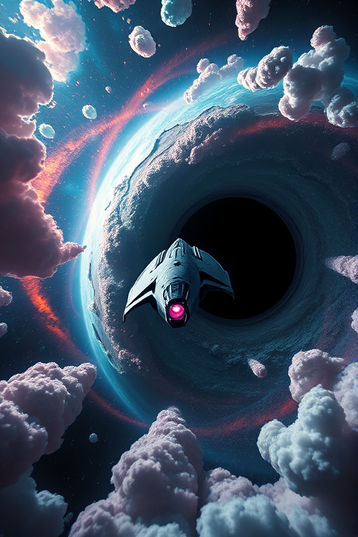 A futuristic spaceship flying towards a swirling black hole surrounded by vibrant cosmic clouds, captured with a 24mm lens at f/2.8, ISO 400, 1/1000s shutter speed, in a high-resolution digital format, using a DSLR camera with a wide-angle view and enhanced color saturation for a dramatic effect.
