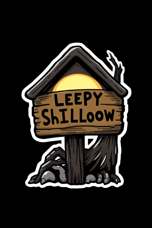 imagine a kawaii Sleepy Hollow sign sticker, 3d digital art, black background, sticker line weight