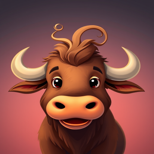 Create a cartoonish illustration of a friendly brown buffalo with a curly tuft, using a vibrant color palette, shot with a DSLR camera at f/8 aperture, 50mm lens, and a shallow depth of field for a whimsical effect.