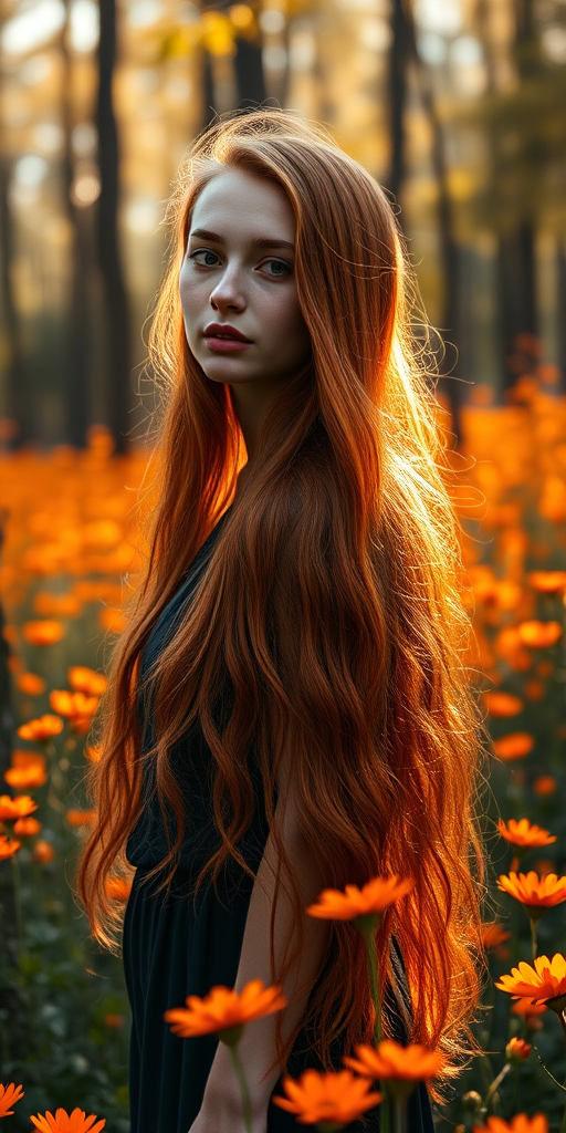 Create a portrait of a young woman with long, flowing red hair standing in a forest filled with glowing orange flowers and soft sunlight filtering through the trees, using a Canon EOS R5 with a 50mm f/1.2 lens, aperture set to f/1.2 for a shallow depth of field, shot in natural light, with a warm color palette to enhance the vibrant tones of the scene.