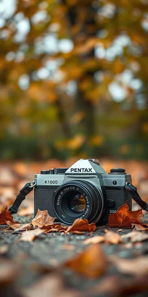 Pentax K1000 camera on the ground with autumn leaves in the background, 50mm f/1.8 lens, aperture priority mode, ISO 200, shallow depth of field, soft focus, natural light, taken from a low angle for dramatic effect.