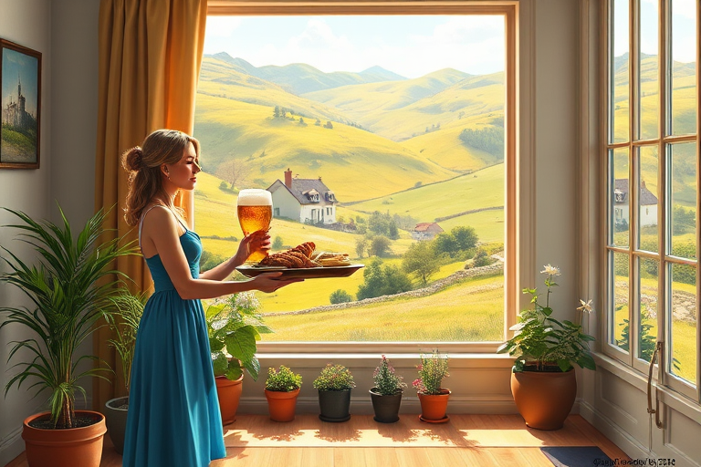 In "A Glass of Beer on the Highland," a serene scene is depicted in a sunlit room where a woman in a vibrant blue dress stands by a large window. She holds a tray with a hearty meal and a frothy glass of beer, embodying a moment of relaxation. Outside, the breathtaking highland landscape features rolling green hills and a charming traditional house, all bathed in warm afternoon light. The interior is adorned with potted plants, creating a harmonious blend of comfort and nature. The painting beautifully captures the tranquility and joy found in simple pleasures amidst stunning scenery