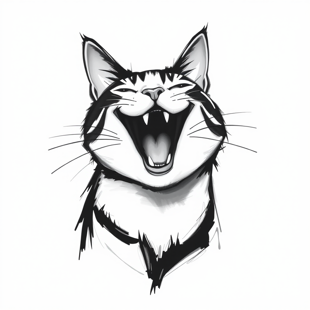 Abstract black and white acrylic portrait of an over exaggerated laughing (cat). Minimalism style. White background.