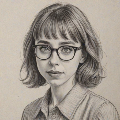 Captivating Zoe Kazan, pencil sketch, portrait of Fascinating woman 1953s in glasses, hair style beatnik, outline, clear lines, fine lines, 8k