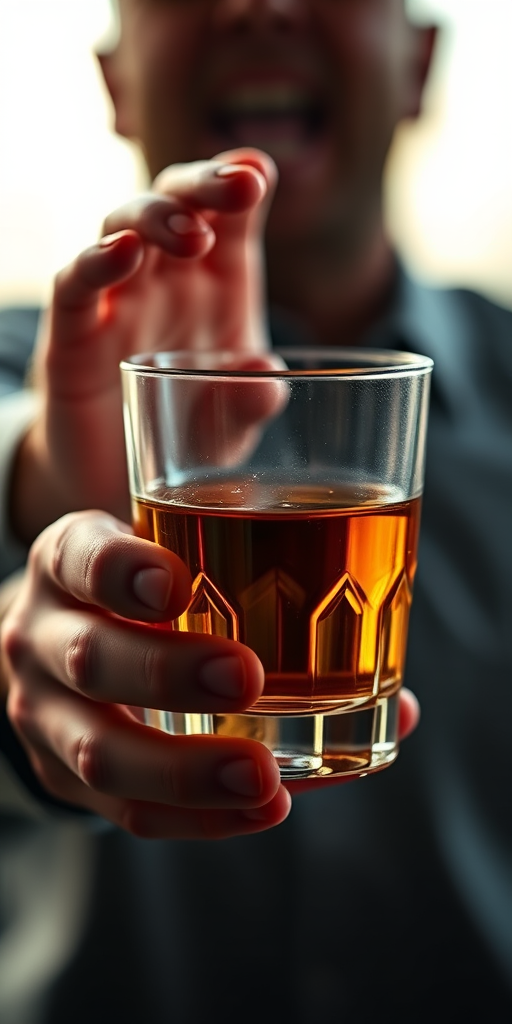 Regenerate an image of a glass of whiskey held in one hand with the other hand rejecting it, using a DSLR camera with a 50mm lens, aperture f/1.8, ISO 100, soft backlighting for dramatic effect, and a shallow depth of field to emphasize the glass and hands.