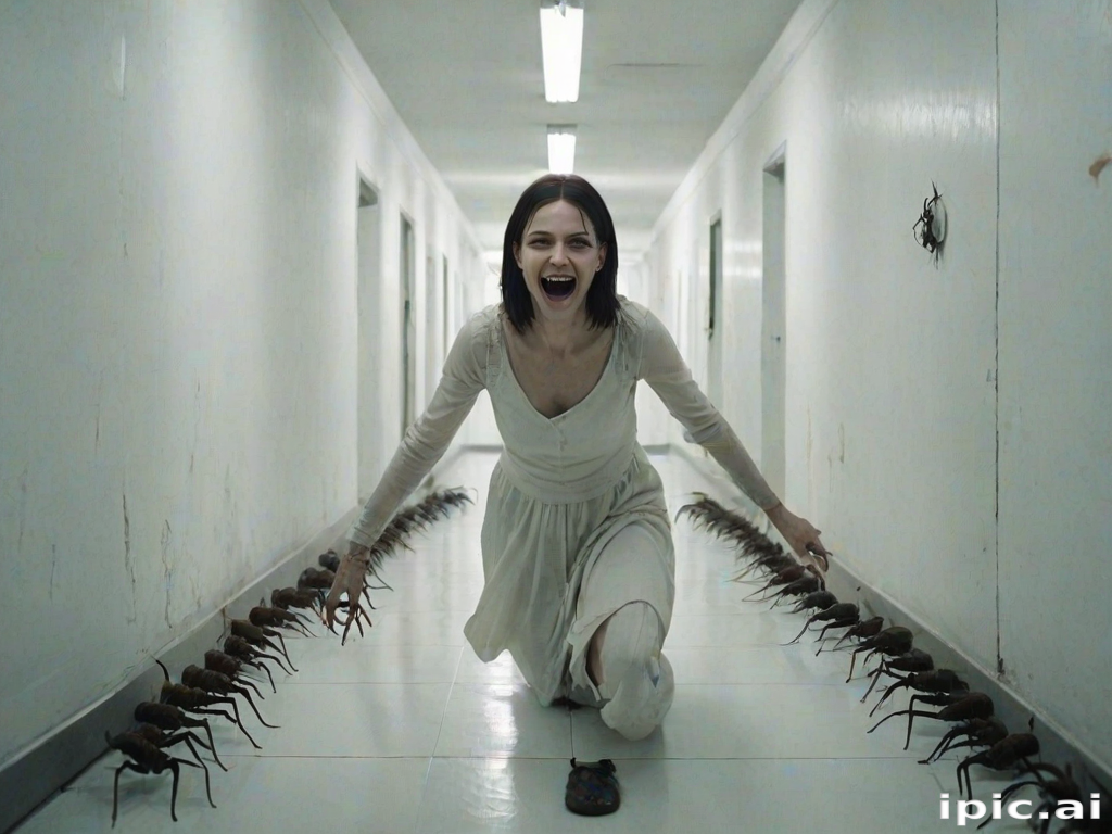 a crooked woman with long arms and a creepy smile is crawling along a long white corridor and you can also see cockroaches in it there is a creepy atmosphere creepy art style