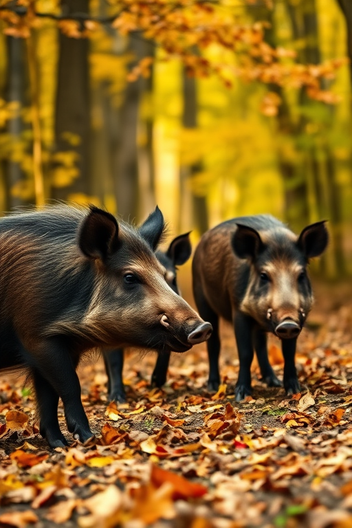 wild boars walking through a forest with autumn leaves, shallow depth of field, 50mm lens, f/2.8 aperture, ISO 200, natural light, DSLR camera, side view
