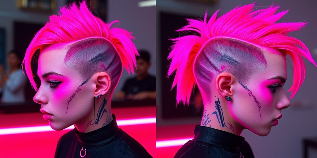 Electric neon pink asymmetrical undercut with shaved patterns, the "Cyber Punk" look merges futuristic edge with bold self-expression
