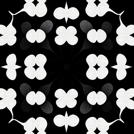 generate a high-resolution image of an abstract geometric pattern featuring interlocking black and white clover shapes, using a Canon EOS R5 camera with a 50mm lens, aperture f/8, ISO 100, and a top-down view for enhanced clarity and detail.