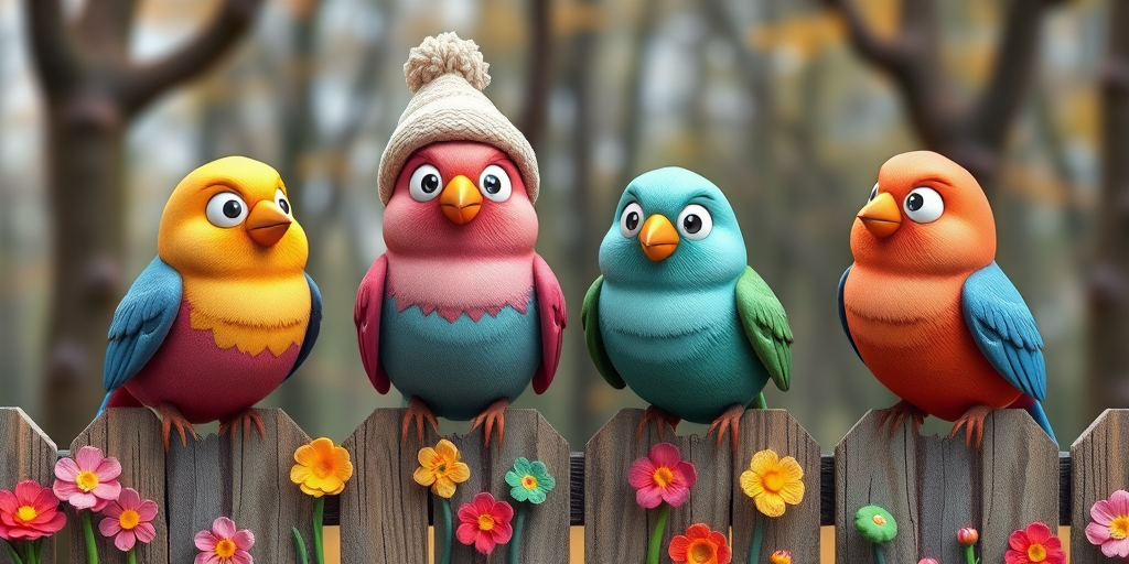 create a scene of 4 quirky  whimsical colourful comical birds each with a funny expression. they are sat on a wooden fence with colourful flowers. they are all different sizes. each one is a different colour  one is wearing a woolly hat. Each one has a different quirky google expression and there is a muted background of trees watercolour paintierly style high definition 8k resolution 3D paper mache