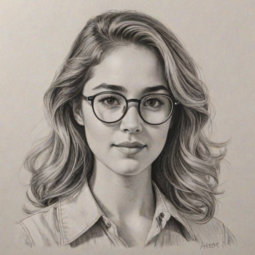 Comely Haley Lu Richardson, pencil sketch, portrait of Splendid woman 1971s in glasses, hair style beatnik, outline, clear lines, fine lines, 8k