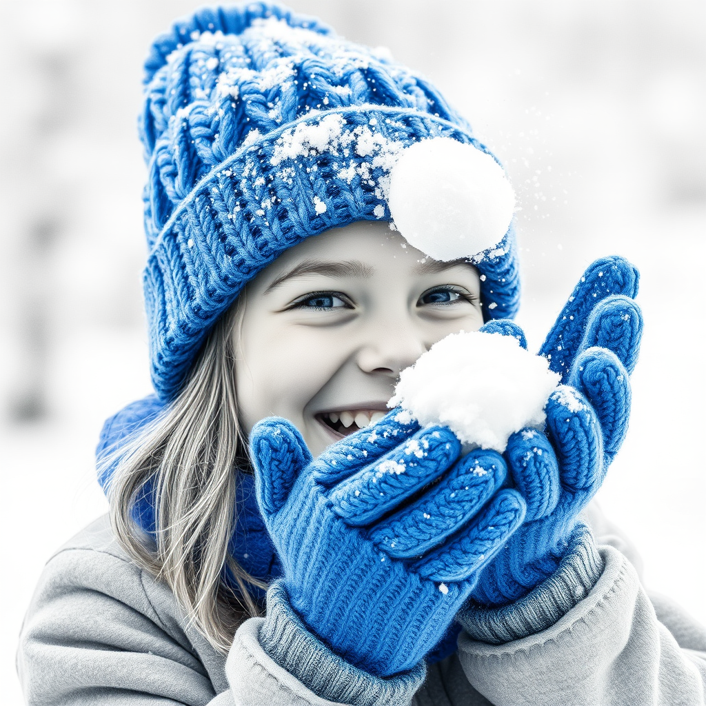 A hyperdetailed photorealistic macro image black and white pencil sketch of a young girl getting hit by a snowball during a snowball fight. She is wearing a brilliant sapphire blue wool beanie and bright blue mittens. She is trying to block the snowball by putting her hands up. The snowball hits her beanie and disintegrates into myriad tiny snowflakes caught with high speed photography. The girl is laughing and having a wonderful time.