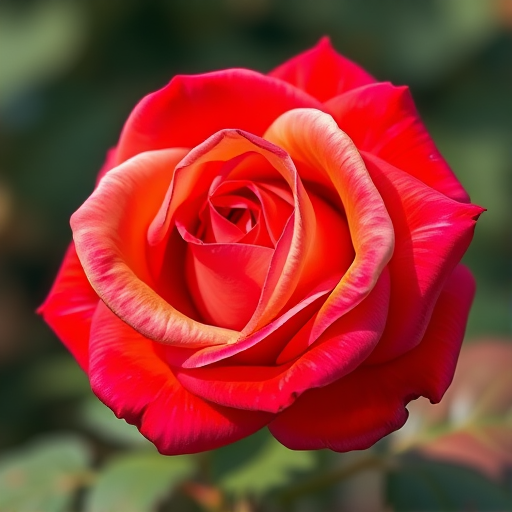 Create a detailed illustration of a rose with vibrant colors, using a DSLR camera with a 50mm f/1.8 lens, aperture set to f/2.8, ISO 100, and a shallow depth of field for a blurred background, shot from a slightly elevated angle to capture the flower's form and elegance.