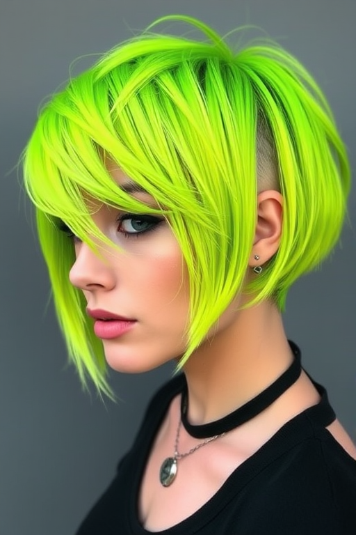 Edgy neon green asymmetrical bob with a shaved undercut design, featuring electric yellow highlights and styled in choppy textured layers