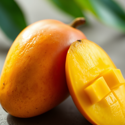 A vibrant mango with a glossy skin and detailed texture next to a freshly cut mango slice, well-lit with soft shadows, shot in 4K resolution on a DSLR camera with a 50mm lens, f/2.8 aperture, ISO 100, natural daylight, and a shallow depth of field.