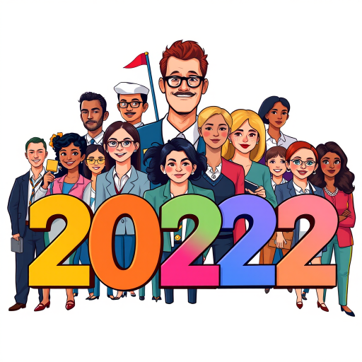 Create a vibrant illustration depicting a diverse group of professionals representing different occupations around the bold text "2022" in colorful letters, using a digital art style, with a focus on sharp details and vibrant colors, captured in a high-resolution format with a DSLR camera set to f/8 aperture, ISO 100, and a wide-angle lens at 24mm for depth of field enhancement.