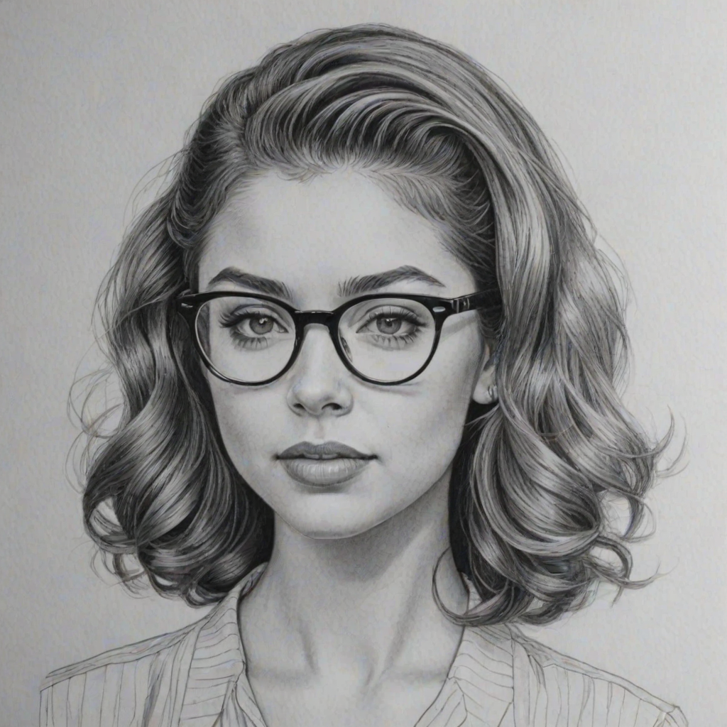 Wonderful Sarah Hyland, pencil sketch, portrait of Appealing woman 1939s in glasses, hair style beatnik, outline, clear lines, fine lines, 8k