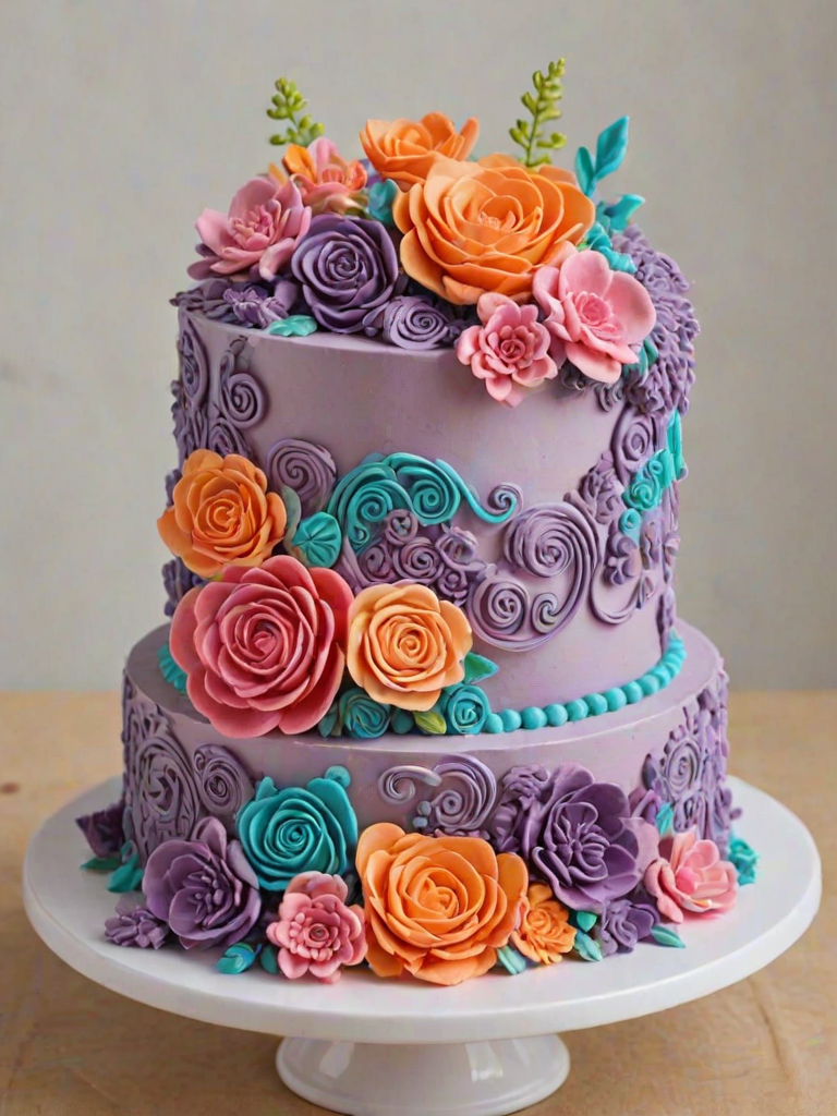 Create an image of a colorful cake decorated with intricate buttercream flowers and designs. The cake should have a variety of vibrant colors including pink, purple, orange, and teal, with patterns that resemble floral arrangements and textured swirls. The background should be a soft pastel color to highlight the cake's decorations.