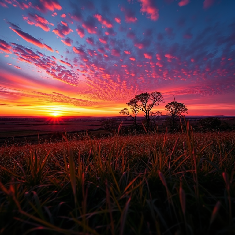 Create a high-resolution image of a serene landscape during sunset with vibrant colors, captured using a Canon EOS R5 at f/8, ISO 100, 1/200s, wide-angle lens, from a low angle view to emphasize the foreground scenery.