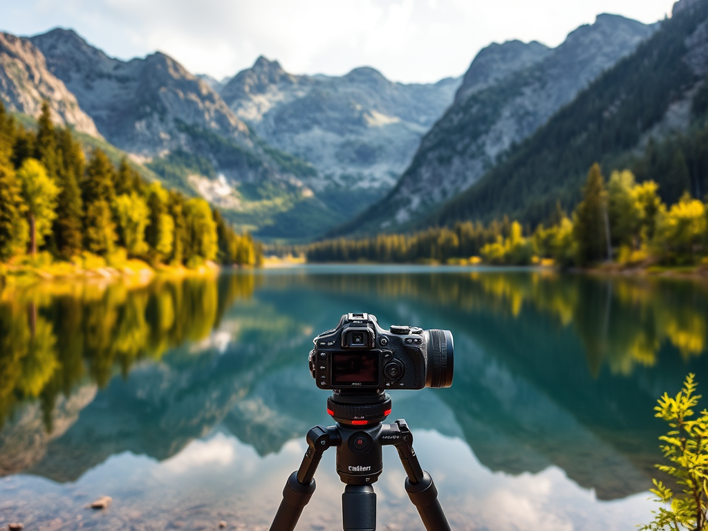 captured using a DSLR camera with a 24mm lens, f/8 aperture, ISO 100, 1/125 sec exposure, landscape view, natural lighting, stabilizing tripod setup, focused on the serene lake reflecting lush green trees and surrounding mountains in a tranquil setting