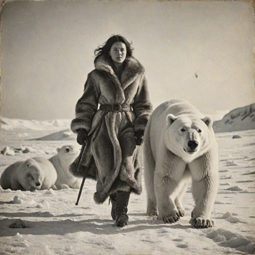 A very old photograph in black and white. The photo is badly damaged, faded, with scratches, tears, smudges and dirt. The photo is ultra-realistic and very detailed. It's a picture of an Arctic warrior. She is walking serenely towards the camera. At her side walks a majestic polar bear. Its fur shines in the sunlight. Snow, ice, sea. wind. snow in the air.