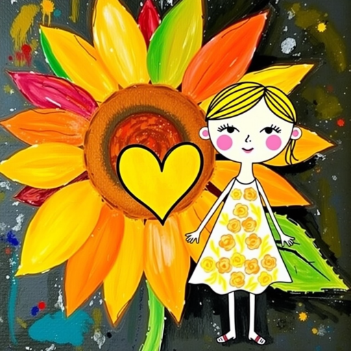 Stylized impressionism painting of a large sunflower with an oversized center and colorful petals. Beside, a young female character with eyes represented by dots and a mouth by a line, pink cheeks, hair attached, arms and legs a black line, flowery white dress triangle shape. A yellow heart surrounded by a black line between the two. Textured background with touches of colorful paint. Childish style.