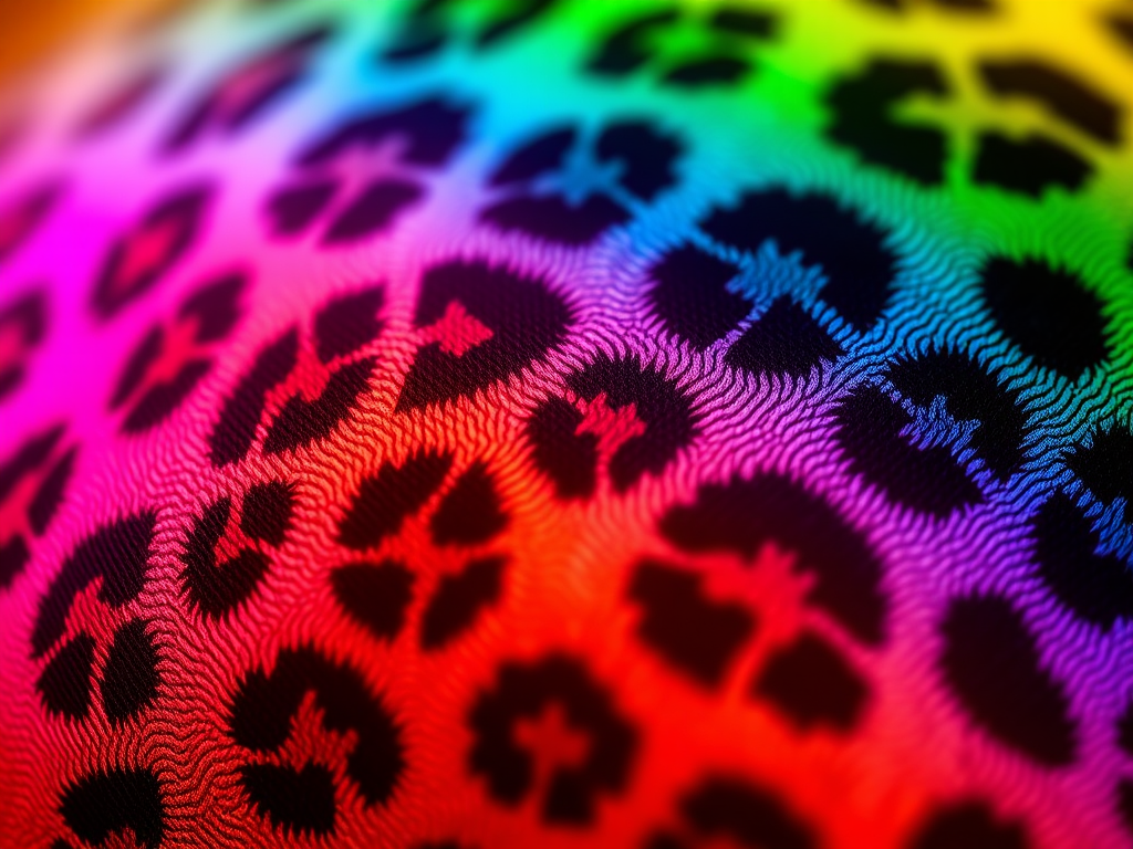 Generate a vibrant leopard print pattern with a gradient of rainbow colors; camera settings: ISO 100, aperture f/11, shutter speed 1/200 sec; camera view: close-up, camera style: macro, camera type: DSLR.