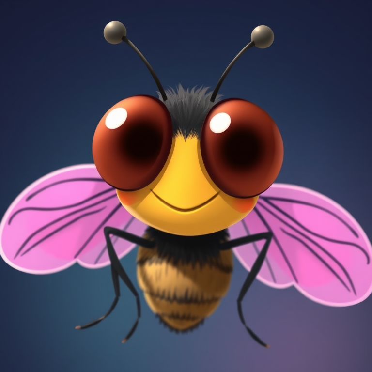 Create a high-resolution illustration of a cartoon fly with oversized eyes and pink wings, using a Canon EOS R5 with a 50mm f/1.2 lens, aperture set to f/2.8, 1/200s shutter speed, and ISO 100 for bright, vibrant colors and sharp details, in a playful and whimsical style.