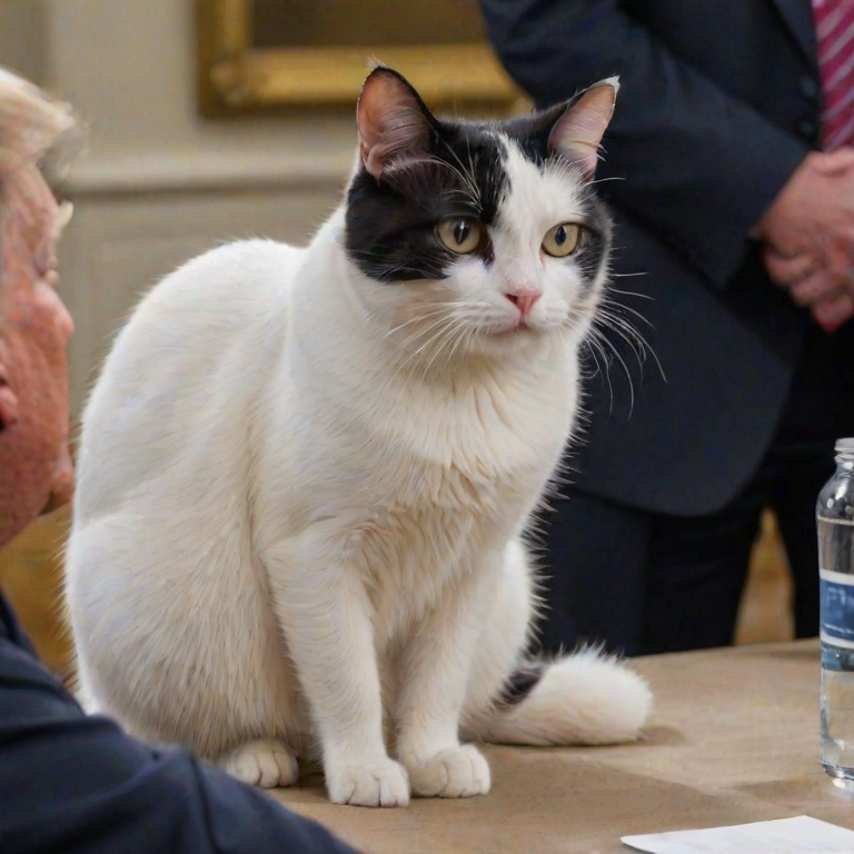 A close-up photograph of a white and black cat sitting on a table during an event where Donald Trump is giving a speech in front of a crowd. The cat's tail is curled beside it, and its predominantly white face displays a distinctive expression, resembling a domestic shorthair, with slightly squinted eyes that convey frustration. In front of the cat, Trump passionately addresses the audience, while the cat sits grumpily on the table, seemingly unimpressed by the political event unfolding around it.