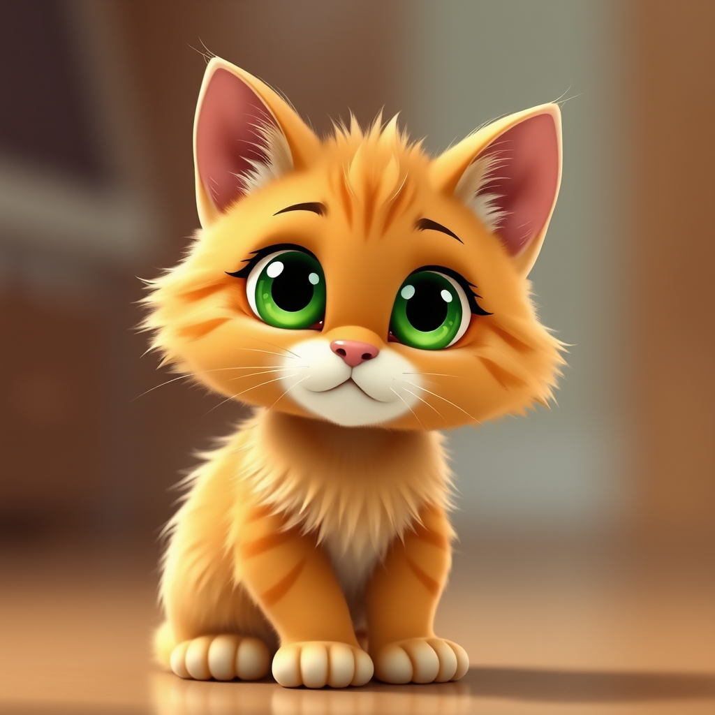 A cute orange cartoon cat with large green eyes and fluffy fur, sitting sideways, high-resolution, 50mm lens, f/2.8 aperture, soft focus background, digital art style.