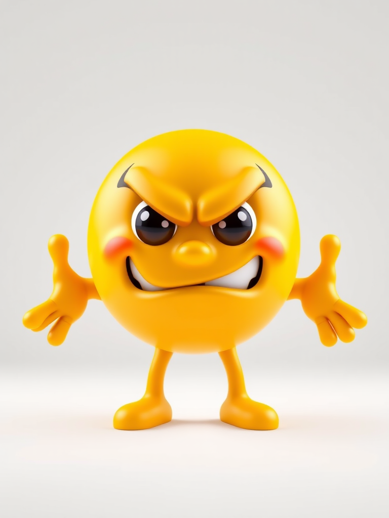 Create a 3D cartoon emoji with a mischievous expression, arms outstretched, vibrant yellow color, high detail, using a DSLR camera at f/2.8, 50mm lens, in a well-lit studio with soft, even lighting, focus on the emoji's face for a dynamic close-up shot.
