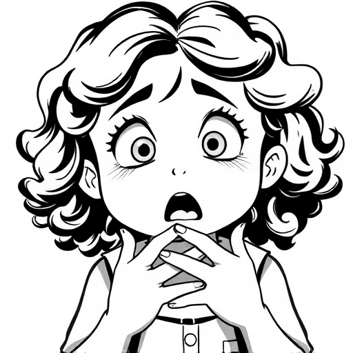 The image is a black and white illustration of a young girl with curly hair. She has a surprised expression on her face with her mouth open and her hands clasped together in front of her chest. Her eyes are wide and her eyebrows are furrowed. Her hair is styled in loose curls that are cascading down her back. The overall mood of the image is one of shock or surprise.