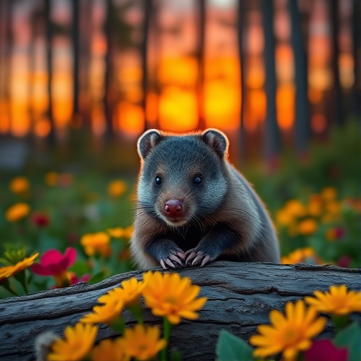 Create a highly detailed image of a cute wombat sitting on a log in a colorful forest at sunset, with vibrant flowers surrounding it, using a Canon EOS R5 with a 50mm f/1.2 lens, aperture set to f/1.2, ISO 100, and a shallow depth of field to enhance the focus on the wombat while softly blurring the background.
