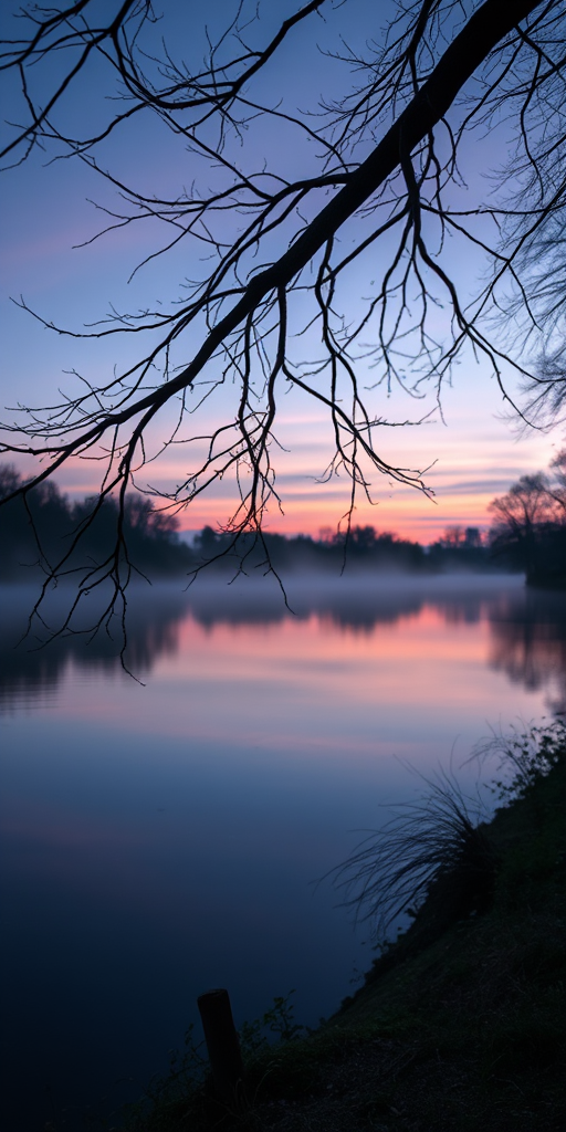 Capture a serene dusk landscape by a river with soft mist, focusing on the foreground with a silhouetted tree branch, using a Canon EOS R with a 50mm lens, set at f/2.8, ISO 800, and a shutter speed of 1/60 seconds for enhanced depth and clarity.