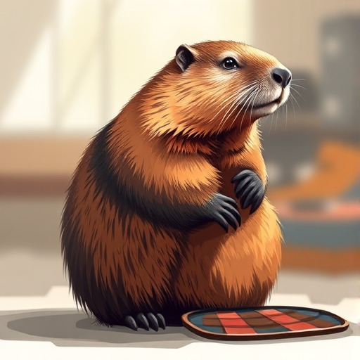 Create an illustration of a beaver sitting upright, showcasing its detailed fur texture and large flat tail, use a vibrant color palette, with a focus on natural lighting, shot with a DSLR camera, 50mm lens, f/2.8 aperture, ISO 100, and a shallow depth of field for a blurred background.