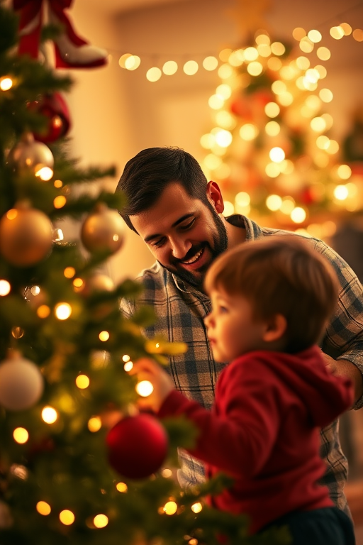 A heartwarming scene of a father with two children decorating a Christmas tree, warm ambient lighting with soft bokeh, captured with a Canon EOS R5, 50mm lens, f/1.8 aperture, ISO 400, 1/60 sec, low-angle view for intimacy and detail.