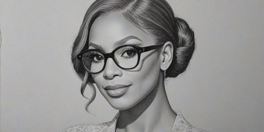 Dazzling Tamar Braxton, pencil sketch, portrait of Dazzling woman 1938s in glasses, hair style beatnik, outline, clear lines, fine lines, 8k
