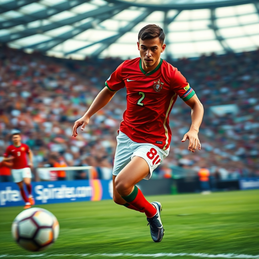 Capture a dynamic soccer player in action during a match, wearing a vibrant Portugal kit, with intense focus and motion blur, using a Canon EOS R5, 85mm f/1.4 lens, ISO 800, aperture f/2.8, shutter speed 1/1000s, low angle view to emphasize speed and excitement, shot in natural light for vivid colors and sharp details.