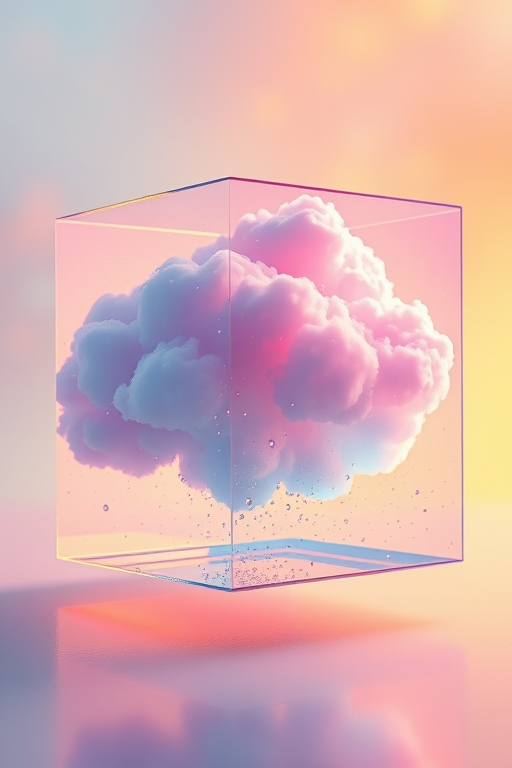 Create a hyper-realistic 3D render of a vibrant cloud encased in a transparent cube, with colorful lighting and water droplets, using a DSLR camera at f/2.8 aperture, ISO 100, 50mm lens, shot from a low angle with soft focus background.