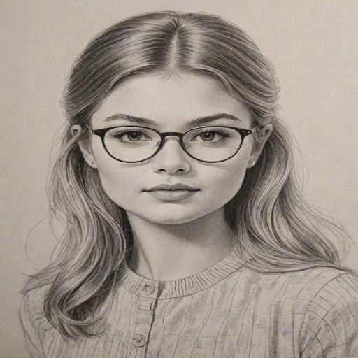 Stunning Stefanie Scott, pencil sketch, portrait of Resplendent woman 1967s in glasses, hair style beatnik, outline, clear lines, fine lines, 8k