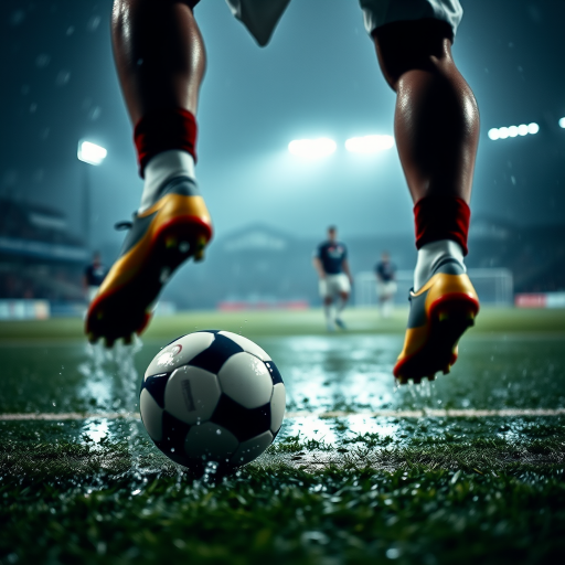 Blurry action shot of a soccer player dribbling the ball down a rain-soaked field, soft light from the stadium illuminating the scene, with water spraying up from their cleats and distant teammates watching intently.