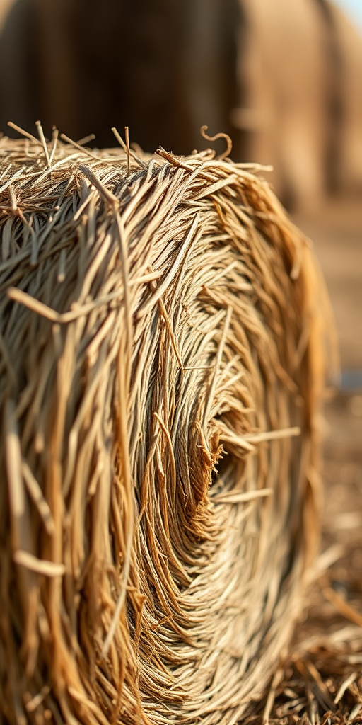 Create a high-resolution image of a hay bale, captured with a DSLR camera at f/8 aperture, ISO 200, 50mm lens, natural lighting, with a slight tilt-shift perspective for depth.