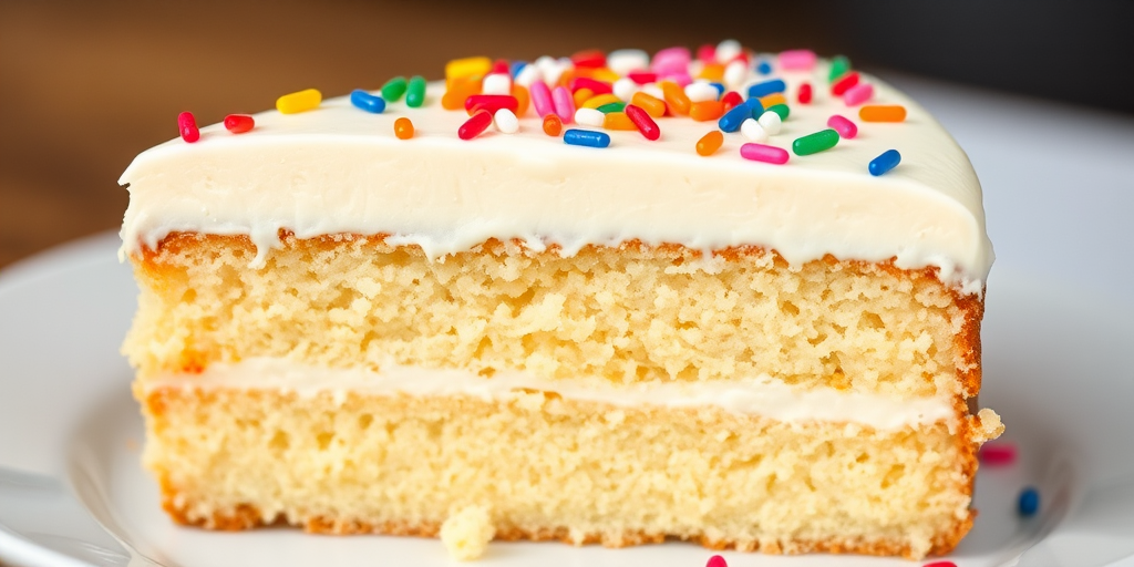 A slice of vanilla cake with white frosting and colorful sprinkles on top, showcasing the soft texture and layered interior of the cake.