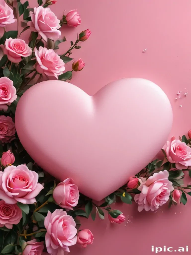 Elegant Pink Heart Surrounded by Beautiful Roses on a Soft Background