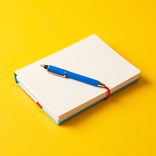 Create an image of two notebooks stacked on a bright yellow background with a blue pen placed diagonally across them, focus on high detail and vibrant colors, use a shallow depth of field, camera settings: ISO 100, aperture f/2.8, shutter speed 1/60s, camera view: top-down, camera style: modern, camera type: DSLR.