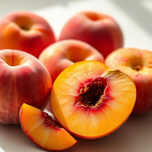 five ripe peaches arranged with one sliced in half showing the pit, shot with a macro lens at f/2.8 for a shallow depth of field, 50mm focal length, natural lighting with soft shadows, high-resolution DSLR camera
