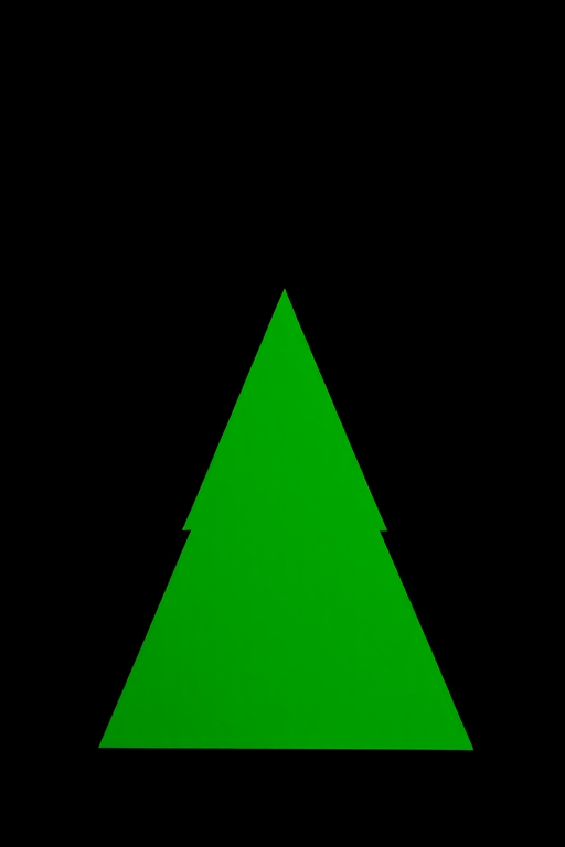 Create a high-resolution image of a simple green triangular Christmas tree silhouette with a plain black background, using a DSLR camera at 50mm focal length, f/2.8 aperture, 1/200 shutter speed, focusing on vibrant colors and sharpness.